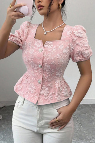 Button-Front Floral Peplum Top