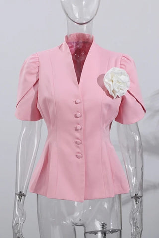 Elegant Button-Up Blazer with Floral Accent