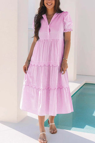 Bubble Short Sleeve Tiered Long Dress