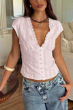 Button-Front Lace Trim Blouse