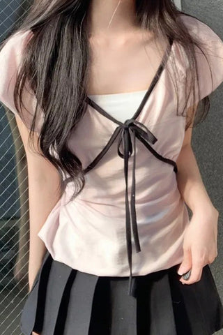 Puff Sleeve Tie Front T-Shirt