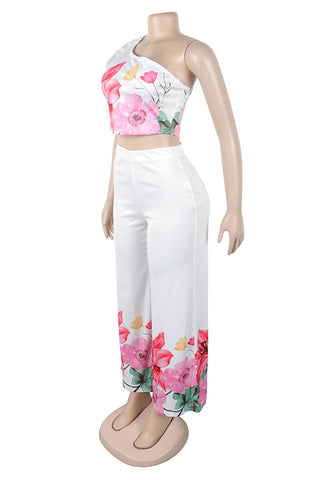 One-Shoulder Floral Pants Set