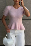 Short-Sleeve Peplum Sweater with Pearl Details