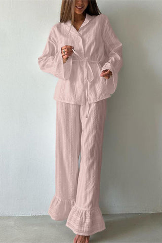 Ruffle-Trim Pants Set with Tie Waist