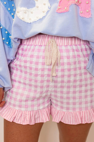 Ruffle-Trim Gingham Casual Shorts