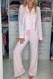 Bow Print Long Sleeve Shirt and Pants Soft Pajama Set