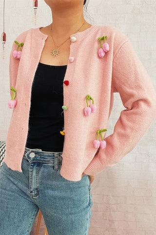 Cherry Embellished Button Cardigan