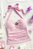 Floral-Embellished Halter Neck Tank