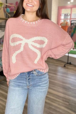 Bow Accent Sweater with Ribbed Trim
