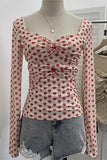 Ruched Heart-Print Long Sleeve Top