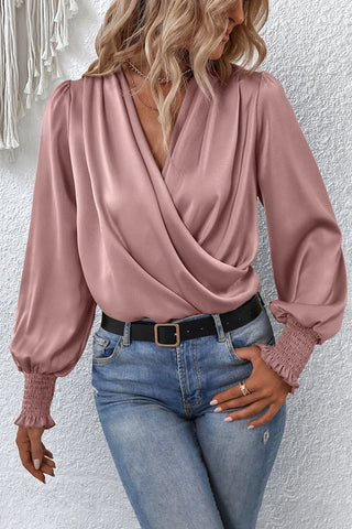 Draped V-Neck Blouse with Statement Sleeves