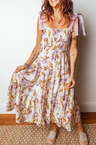 Abstract Floral Frilly Knot Strap Dress