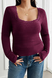 Lace Trim Ribbed Knit Long Sleeve Top