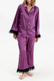 Feather Trim Button-Up Loungewear Set