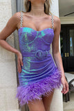 Sparkling Mini Dress with Feather Trim