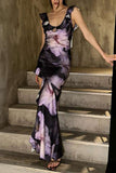 Floral Print Deep V Evening Gown