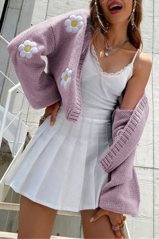 Floral Appliqué Open-Front Cardigan