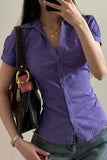 Short Sleeve Collared Button-Up Blouse