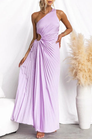One-Shoulder Cutout Pleated Midi Dress