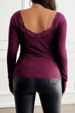 Lace Trim Ribbed Knit Long Sleeve Top