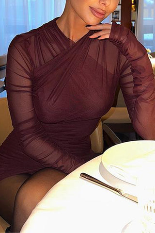 Ruched Long-Sleeve Evening Dress