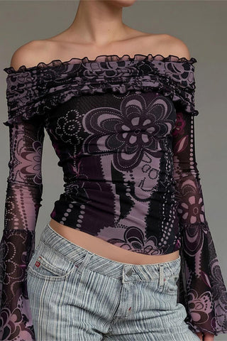 Off-Shoulder Floral Mesh Top