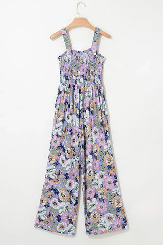 Smocked Floral Square Neck Jumpsuit
