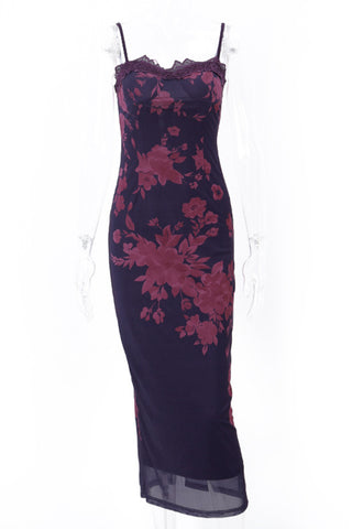 Floral Lace-Trimmed Midi Dress