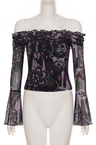 Off-Shoulder Floral Mesh Top