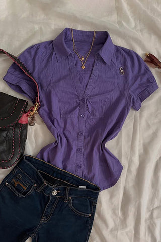 Short Sleeve Collared Button-Up Blouse
