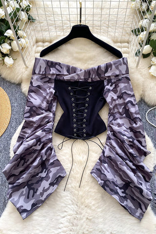 Off-Shoulder Lace-Up Blouse