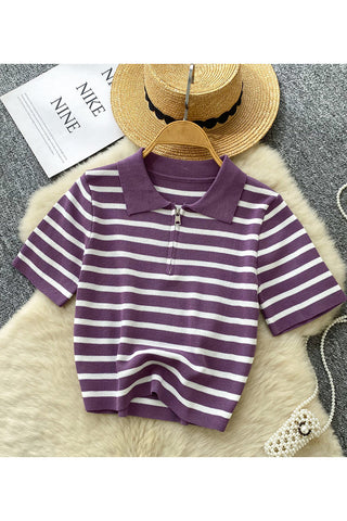 Striped Polo T-Shirt with Zip Detail