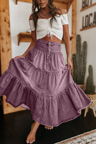 Tiered Button-Front Denim Skirt