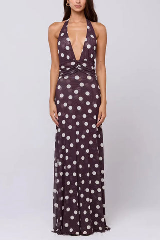 Halter Neck Polka Dot Maxi Dress