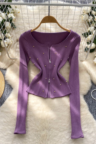 Zip-Front Long Sleeve Top with Studs