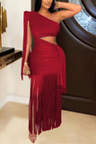 One-Shoulder Fringe Evening Dress