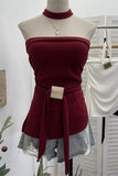 Strapless Ribbed Tank with Waist Tie