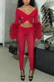 Cutout Long-Sleeve Jumpsuit with Fluffy Cuffs