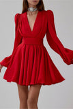 Long Sleeve V-Neck Pleated Dress