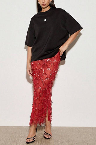 Fringe Midi Skirt with Side Slit