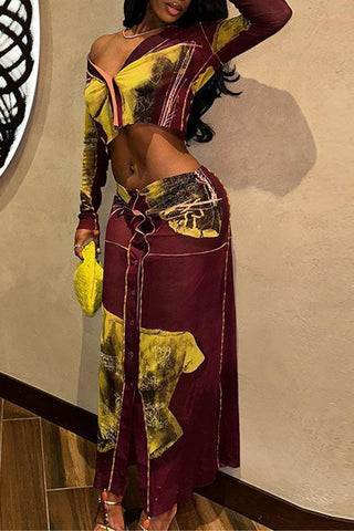 Button-Front Skirt Set with Graphic Print