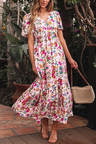 Floral Short Sleeve V Neck Maxi Dress