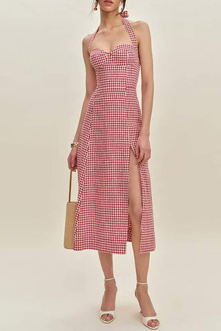 Halter Neck Gingham Midi Dress