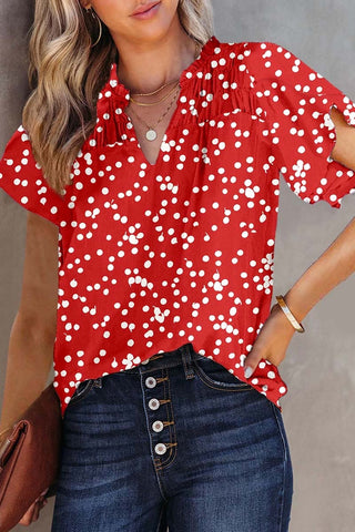 Polka Dot Frilly Smocked Neck Short Sleeve Blouse
