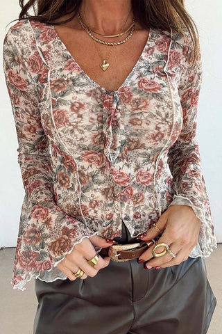 Floral Print Stitched Tie V Neck Blouse