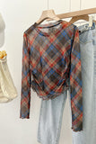 Sheer Plaid Long Sleeve Blouse