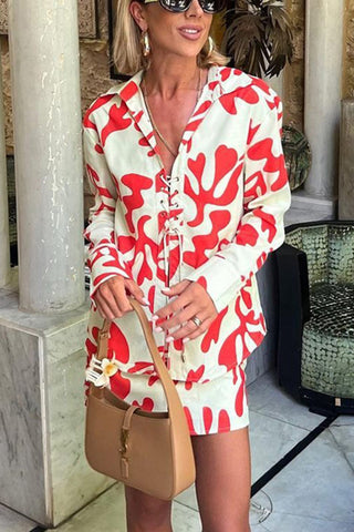 Leaf Print Short Set with Tie Details