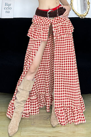 Gingham Ruffle Split Skirt