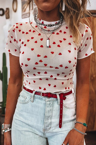 Sheer Heart Print Short Sleeve Top