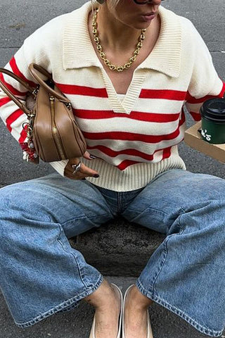Striped Knit Collared Sweater